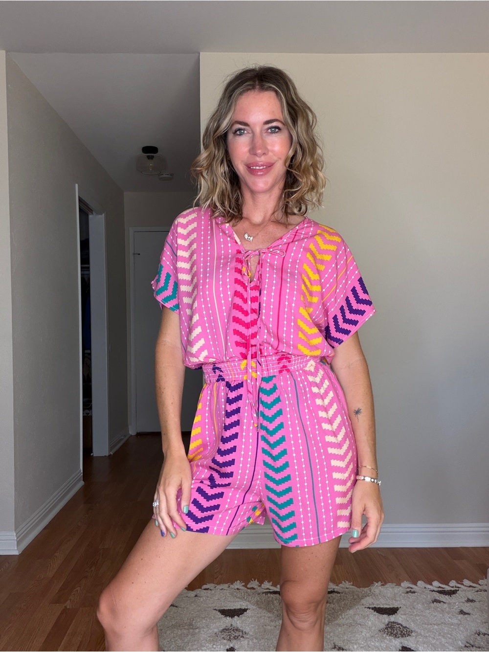 Bright Pink Multi-Color Chevron Romper